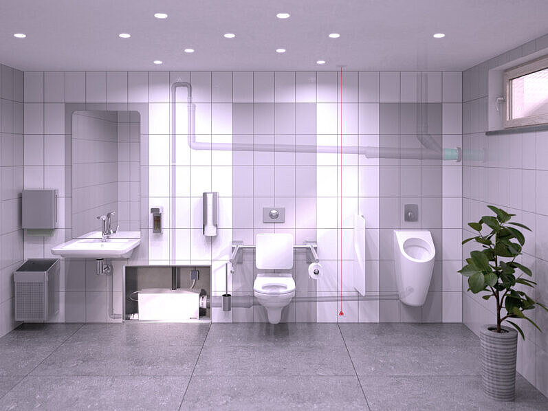 Schema di installazione Minilift L WC Duo Duo Bagno nel seminterrato dotato di lavabo, orinatoio e WC, il cui scarico avviene tramite una Piccola stazione di sollevamento installata nella parete prefabbricata.